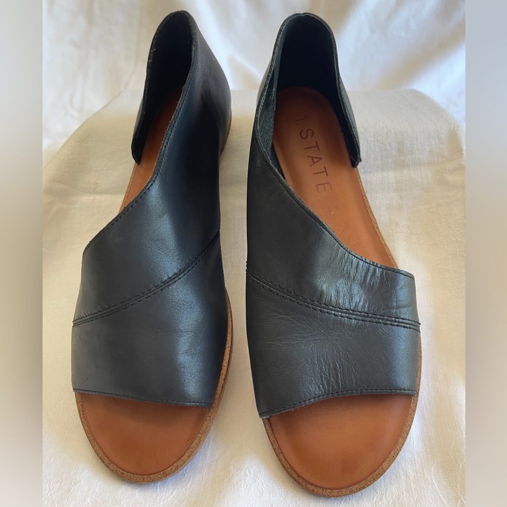 1. State Womens 6.5 Celvin Black Leather Slip-on Sandals Peep Toe Flats